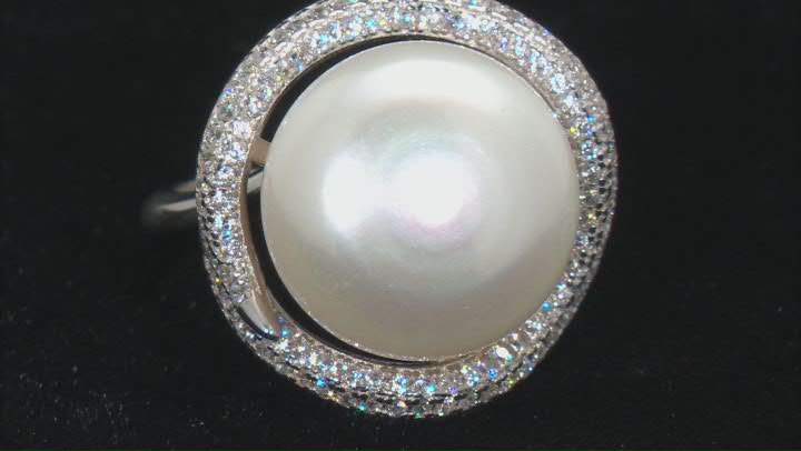 White Cultured Freshwater Pearl & Cubic Zirconia 1.03ctw Rhodium Over Sterling Silver Ring Video Thumbnail
