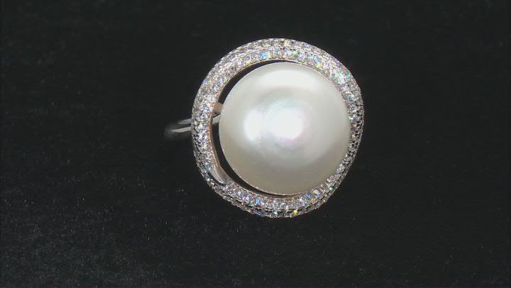 White Cultured Freshwater Pearl & Cubic Zirconia 1.03ctw Rhodium Over Sterling Silver Ring Video Thumbnail