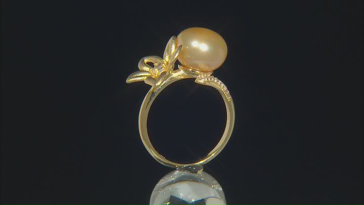 Golden Cultured South Sea Pearl & White Zircon 18k Yellow Gold Over Sterling Silver Ring Video Thumbnail