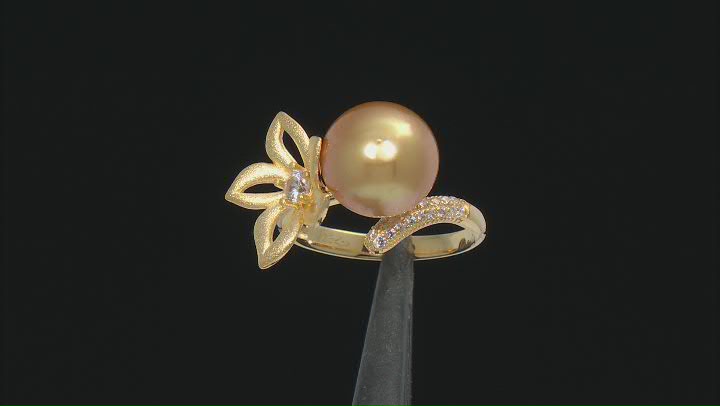 Golden Cultured South Sea Pearl & White Zircon 18k Yellow Gold Over Sterling Silver Ring Video Thumbnail