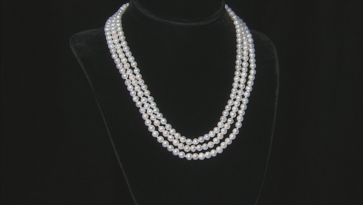 White Cultured Freshwater Pearl Rhodium Over Sterling Silver Multi-Row Necklace