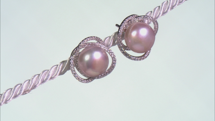 Pink Cultured Freshwater Pearl & Cubic Zirconia Rhodium Over Sterling Silver Earrings Video Thumbnail