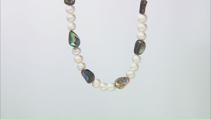 White Cultured Freshwater Pearl & Abalone Shell Rhodium Over Sterling Silver 24 Inch Necklace Video Thumbnail