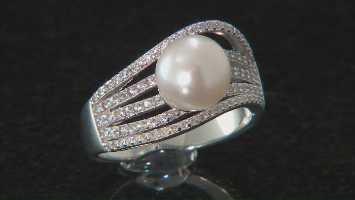White Cultured Freshwater Pearl & Cubic Zirconia Rhodium Over Sterling Silver Ring Video Thumbnail