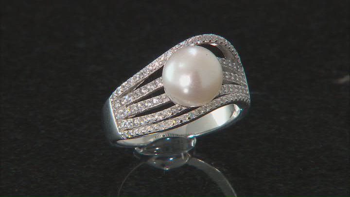 White Cultured Freshwater Pearl & Cubic Zirconia Rhodium Over Sterling Silver Ring Video Thumbnail