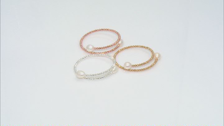 White Cultured Freshwater Pearl & White, Yellow, & Rose Hematine Wrap Bracelet Set of 3 Video Thumbnail
