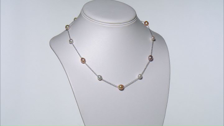 Multi-Color Cultured Freshwater Pearl Rhodium Over Silver Necklace, Bracelet, & Earring Set Video Thumbnail