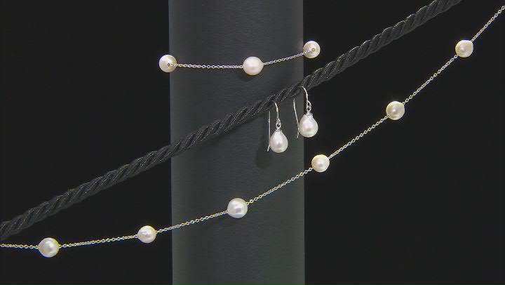 White Cultured Freshwater Pearl Rhodium Over Silver Necklace, Bracelet, & Earring Set Video Thumbnail