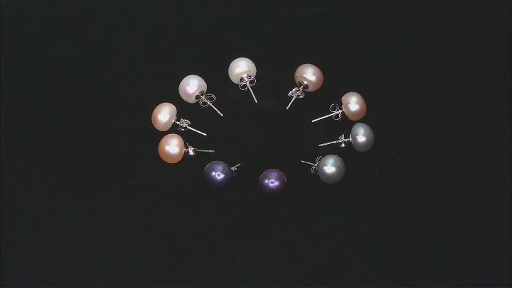 Multi-Color Cultured Freshwater Pearl Rhodium Over Sterling Silver Stud Earrings Set of 5 Video Thumbnail