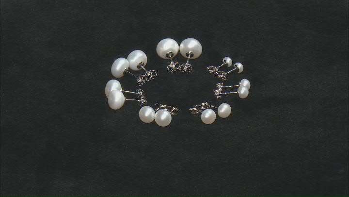 White Cultured Freshwater Pearl Rhodium Over Sterling Silver Graduated Stud Earring Set of 7 Video Thumbnail