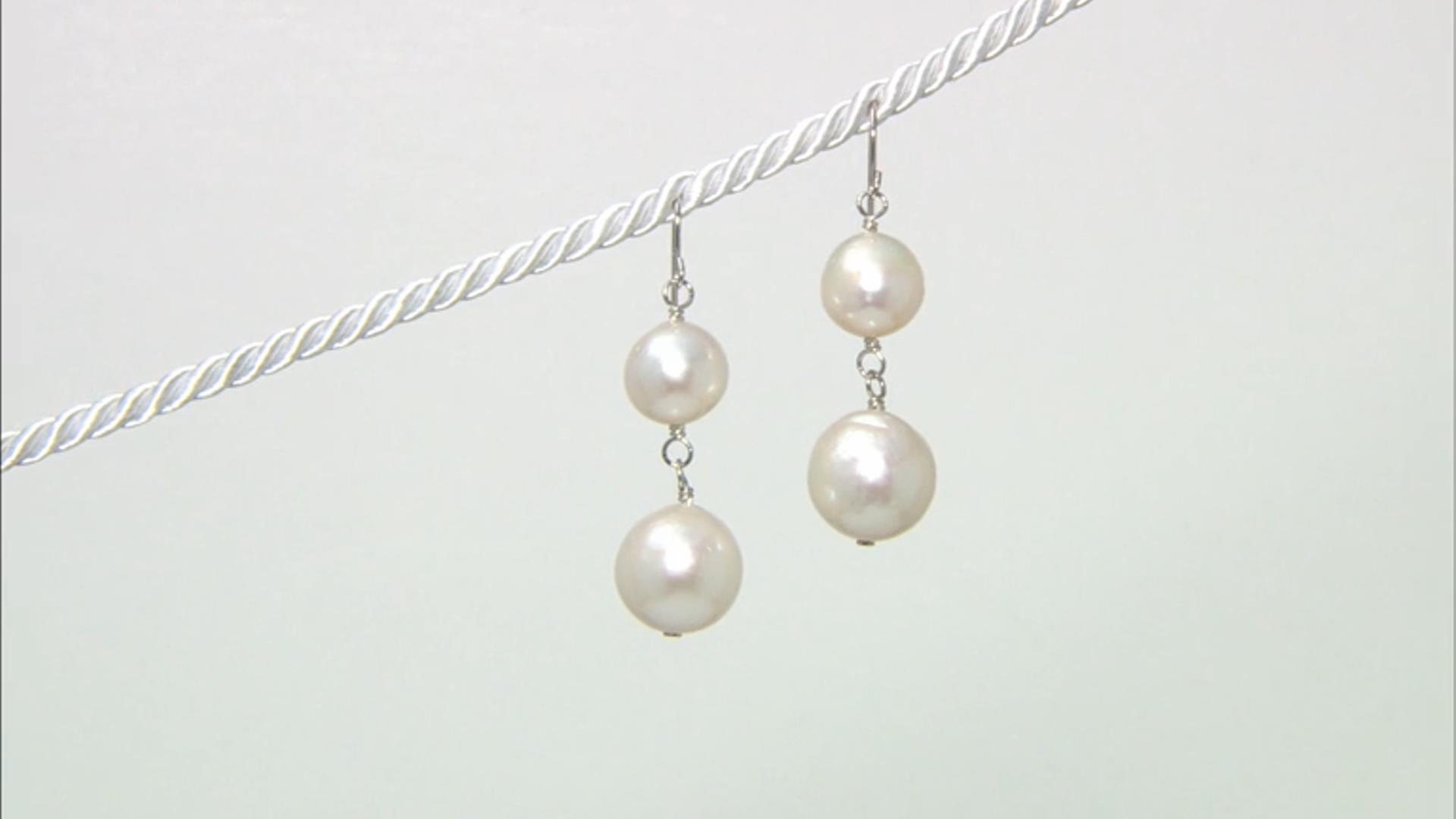 10-12mm White Cultured Freshwater Pearl Rhodium Over Sterling Silver Drop Earrings Video Thumbnail