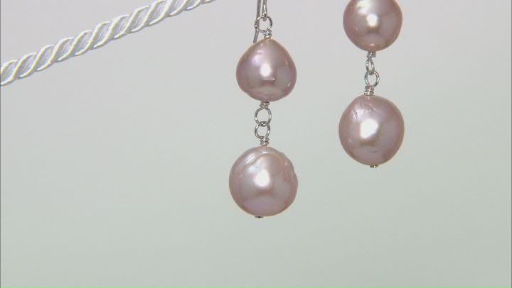 10-12mm Pink Cultured Freshwater Pearl Rhodium Over Sterling Silver Drop Earrings Video Thumbnail