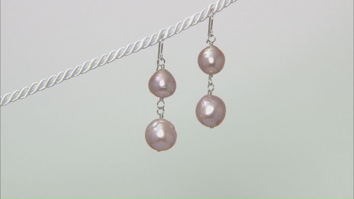 10-12mm Pink Cultured Freshwater Pearl Rhodium Over Sterling Silver Drop Earrings Video Thumbnail