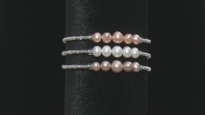 Light Multi-Color Cultured Freshwater Pearl & Glass Bead & Sterling Silver Bangle Set Video Thumbnail