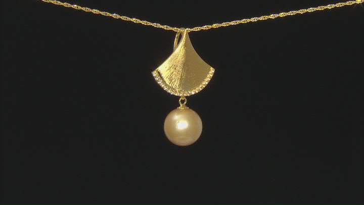 Golden Cultured South Sea Pearl & 0.25ctw White Topaz 18k Yellow Gold Over Silver Pendant With Chain Video Thumbnail