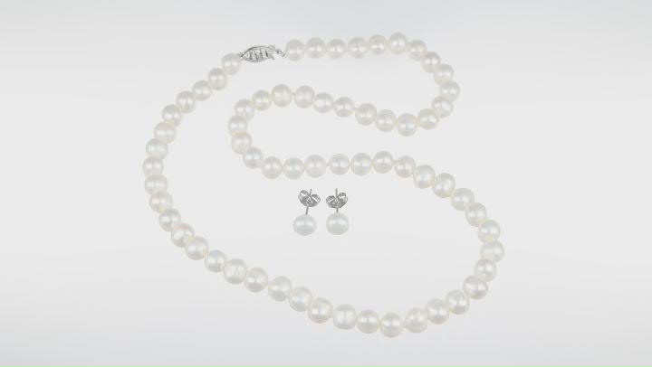 White Cultured Freshwater Pearl Rhodium Over Silver 18 Inch Necklace & Stud Earrings Set Video Thumbnail