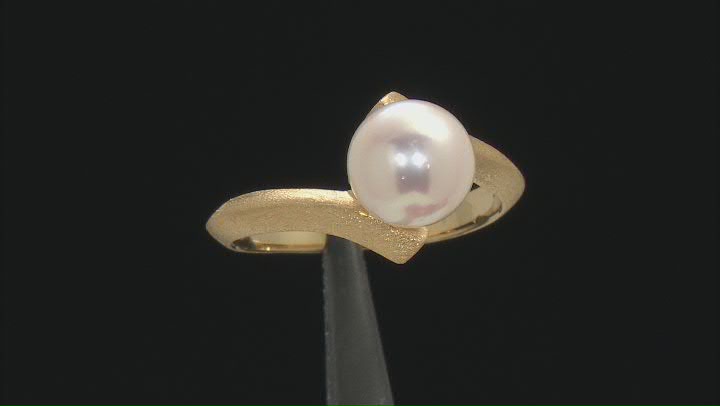 White Cultured Japanese Akoya Pearl 18k Yellow Gold Over Sterling Silver Ring Video Thumbnail