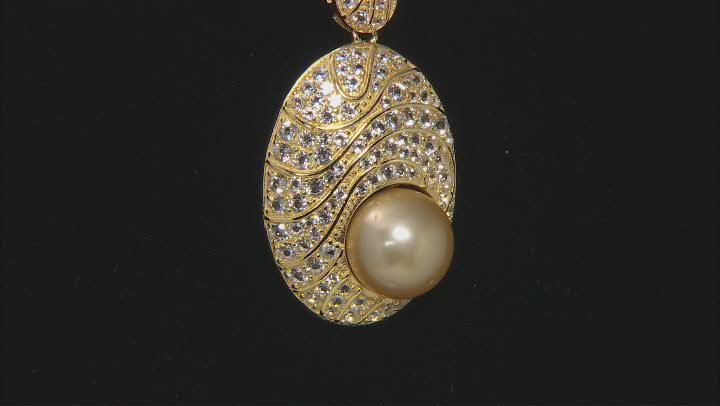 Golden Cultured South Sea Pearl & White Topaz 18k Yellow Gold Over Silver Pendant With Omega Chain Video Thumbnail