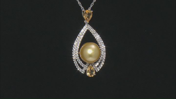 Golden Cultured South Sea Pearl, Citrine, & Topaz Rhodium Over Sterling Silver Pendant Video Thumbnail