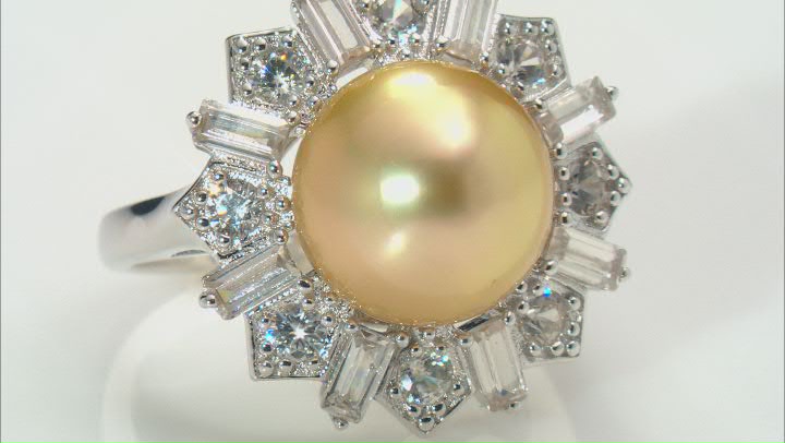 Golden Cultured South Pearl & 1.80ctw White Zircon Rhodium Over Sterling Silver Ring Video Thumbnail