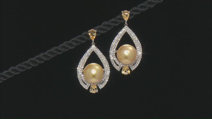 Golden Cultured South Sea Pearl, Citrine, & Topaz Rhodium Over Sterling Silver Earrings Video Thumbnail