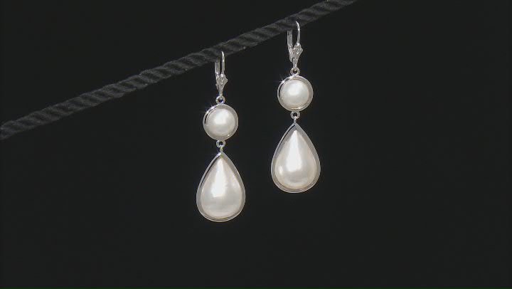 White Cultured South Sea Mabe Pearl Rhodium Over Sterling Silver Dangle Earrings Video Thumbnail