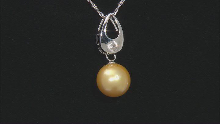 Golden Cultured South Sea Pearl & Zircon Rhodium Over Sterling Silver Pendant With Chain Video Thumbnail