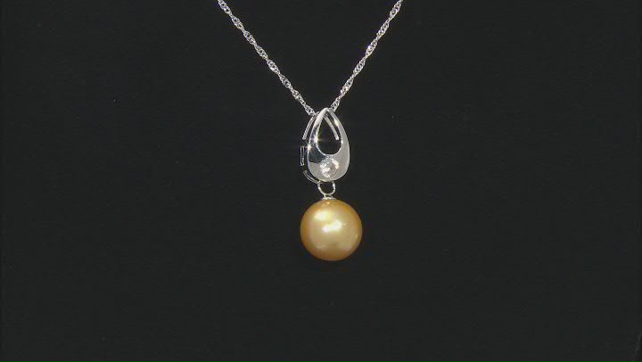 Golden Cultured South Sea Pearl & Zircon Rhodium Over Sterling Silver Pendant With Chain Video Thumbnail