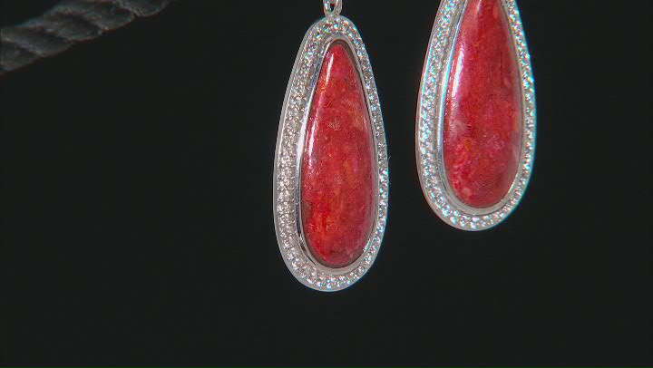 Red Sponge Coral & White Zircon 1.60ctw Rhodium Over Sterling Silver Earrings Video Thumbnail
