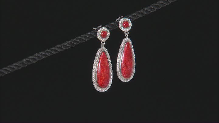 Red Sponge Coral & White Zircon 1.60ctw Rhodium Over Sterling Silver Earrings Video Thumbnail