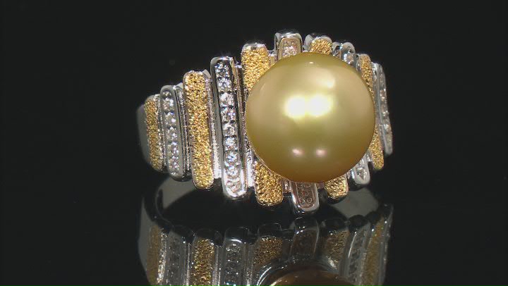 Golden Cultured South Sea Pearl & White Zircon Rhodium & 18k Yellow Gold Over Sterling Silver Ring Video Thumbnail