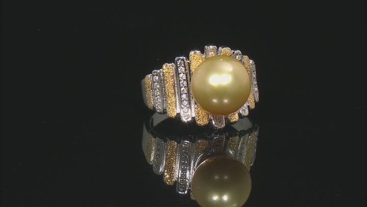 Golden Cultured South Sea Pearl & White Zircon Rhodium & 18k Yellow Gold Over Sterling Silver Ring Video Thumbnail