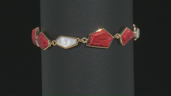 Red Sponge Coral & White South Sea Mother-of-Pearl 18k Yellow Gold Over Silver 7 Inch Bracelet Video Thumbnail