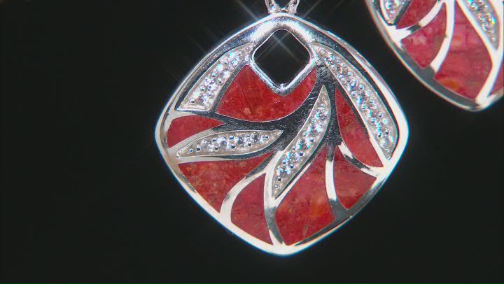 Red Sponge Coral & White Zircon Rhodium Over Sterling Silver Earrings Video Thumbnail