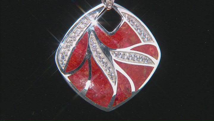 Red Sponge Coral & White Zircon Rhodium Over Sterling Silver Pendant With Chain Video Thumbnail