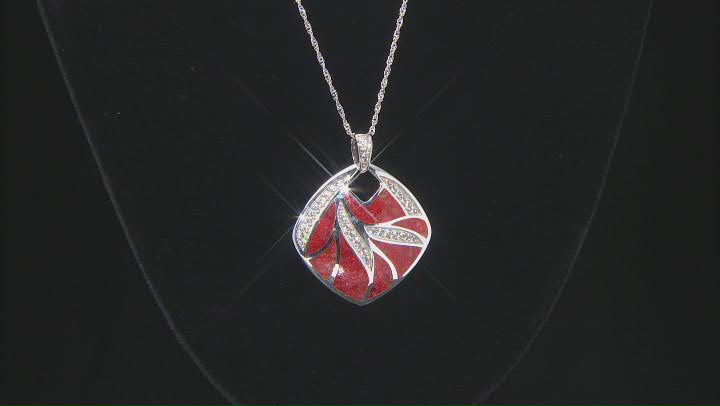 Red Sponge Coral & White Zircon Rhodium Over Sterling Silver Pendant With Chain Video Thumbnail