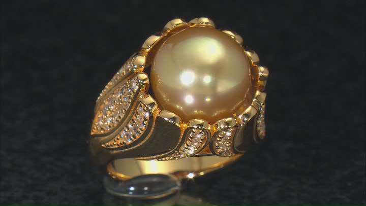 Golden Cultured South Sea Pearl & White Topaz 18k Yellow Gold Over Sterling Silver Ring Video Thumbnail