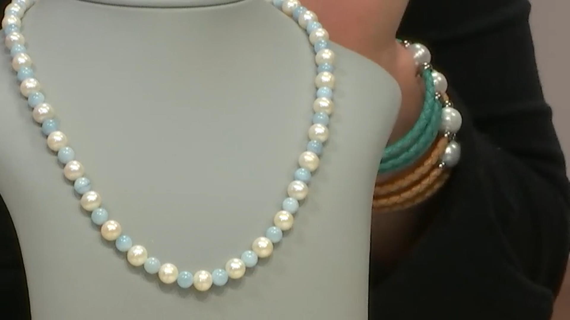 White Cultured Freshwater Pearl & Aquamarine Rhodium Over Silver Necklace, Bracelet, & Earrings Set Video Thumbnail
