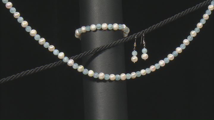 White Cultured Freshwater Pearl & Aquamarine Rhodium Over Silver Necklace, Bracelet, & Earrings Set Video Thumbnail