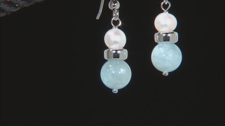 White Cultured Freshwater Pearl & Aquamarine Rhodium Over Sterling Silver Earrings Video Thumbnail