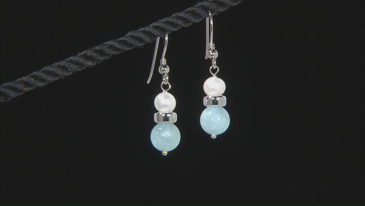 White Cultured Freshwater Pearl & Aquamarine Rhodium Over Sterling Silver Earrings Video Thumbnail