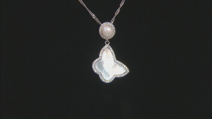 White Cultured Freshwater Pearl, Mother-of-Pearl, & Cubic Zirconia Rhodium Over Silver Pendant Video Thumbnail