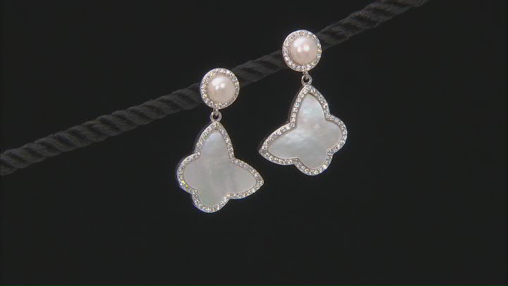 White Cultured Freshwater Pearl, Mother-of-Pearl, & Cubic Zirconia Rhodium Over Silver Earrings Video Thumbnail