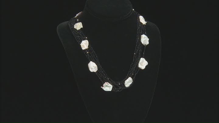 White Cultured Keshi Freshwater Pearl, Black Spinel, & White Zircon Rhodium Over Silver Necklace Video Thumbnail