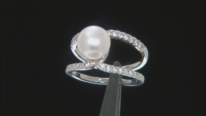 White Cultured Japanese Akoya Pearl & White Zircon Rhodium Over Sterling Silver Ring Video Thumbnail