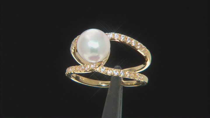 White Cultured Japanese Akoya Pearl & White Zircon 18k Yellow Gold Over Sterling Silver Ring Video Thumbnail
