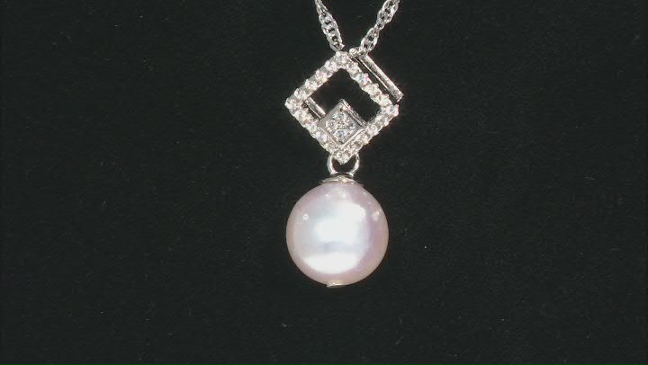 White Cultured Japanese Akoya Pearl & White Zircon Rhodium Over Sterling Silver Pendant With Chain Video Thumbnail