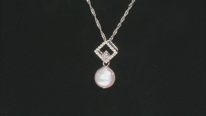 White Cultured Japanese Akoya Pearl & White Zircon Rhodium Over Sterling Silver Pendant With Chain Video Thumbnail