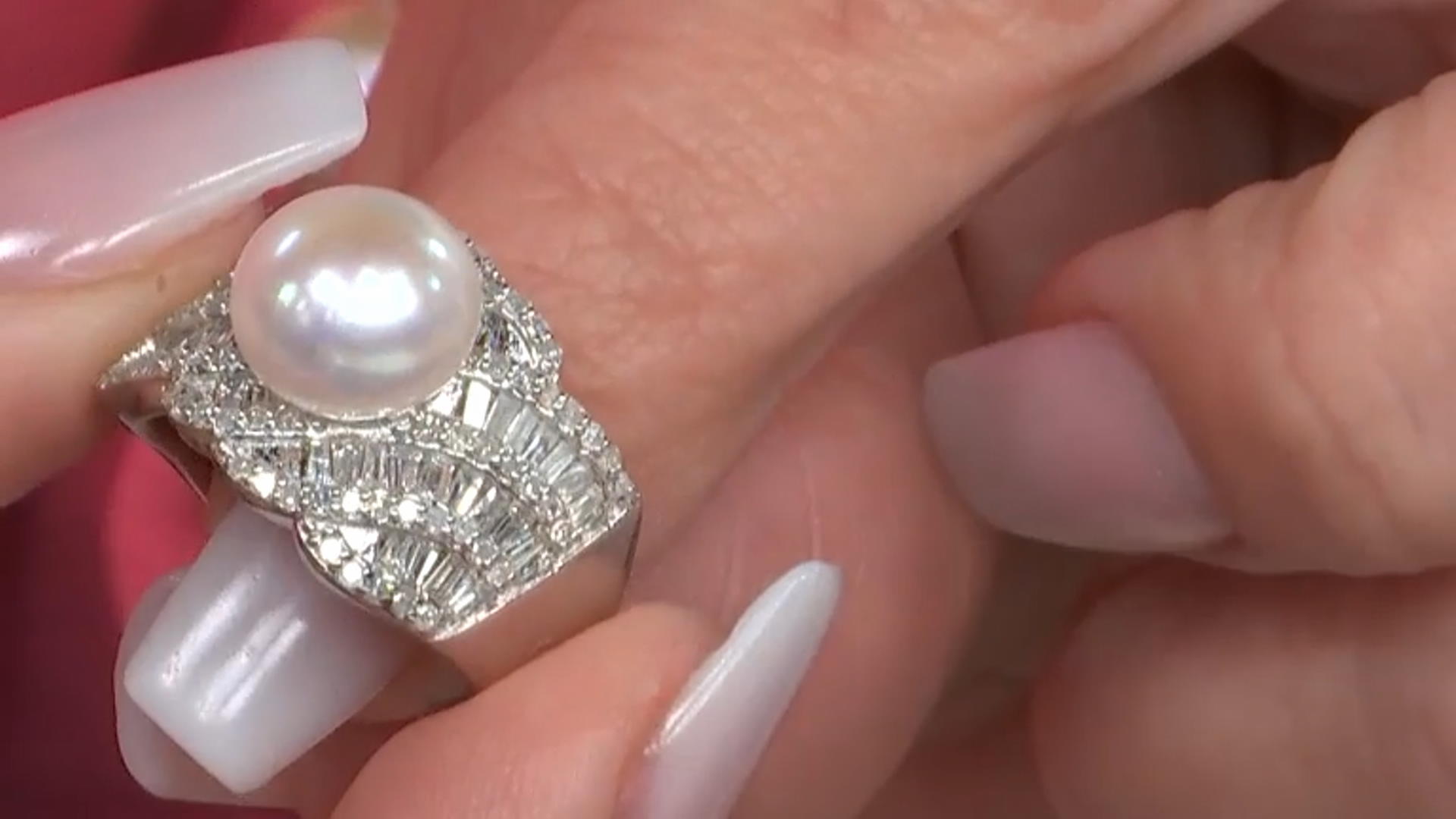 White Cultured Freshwater Pearl & White Diamond Rhodium Over Sterling Silver Ring 1.08ctw Video Thumbnail