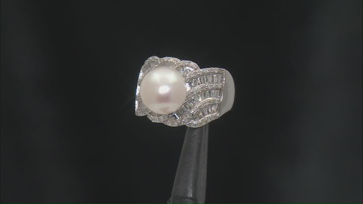 White Cultured Freshwater Pearl & White Diamond Rhodium Over Sterling Silver Ring 1.08ctw Video Thumbnail